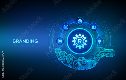 Branding. Brand marketing and management icon in wireframe hand. Branding or rebranding. Digital marketing, target, advertising, innovation, strategy, awareness technology concept. Vector illustration