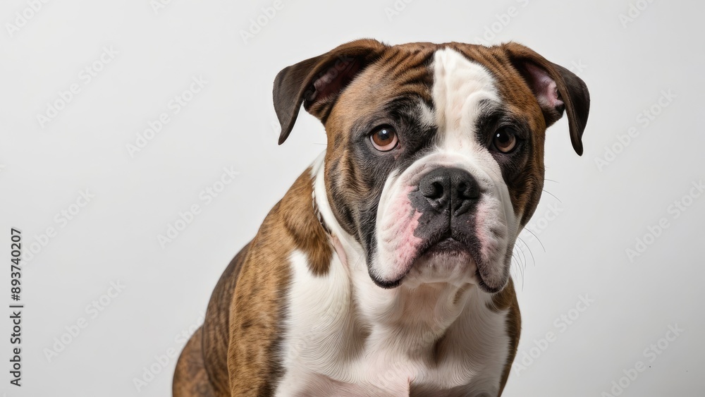 White and brindle american bulldog on grey background White and brindle american bulldog on grey background