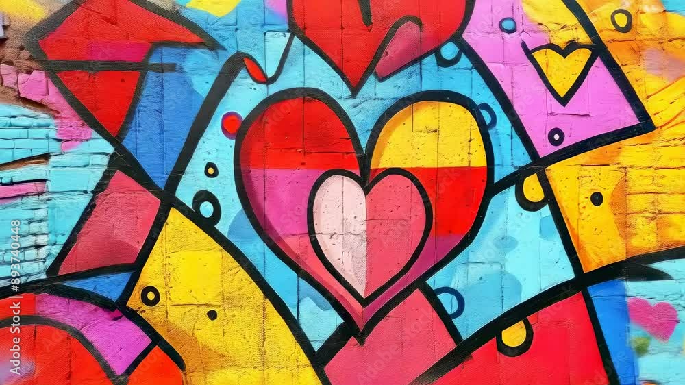 A vibrant street graffiti mural on a concrete wall features colorful heart shapes and abstract designs. The bold and diverse color palette creates an uplifting and energetic mood. A vibrant street graffiti mural on a concrete wall features colorful heart shapes and abstract designs. The bold and diverse color palette creates an uplifting and energetic mood.