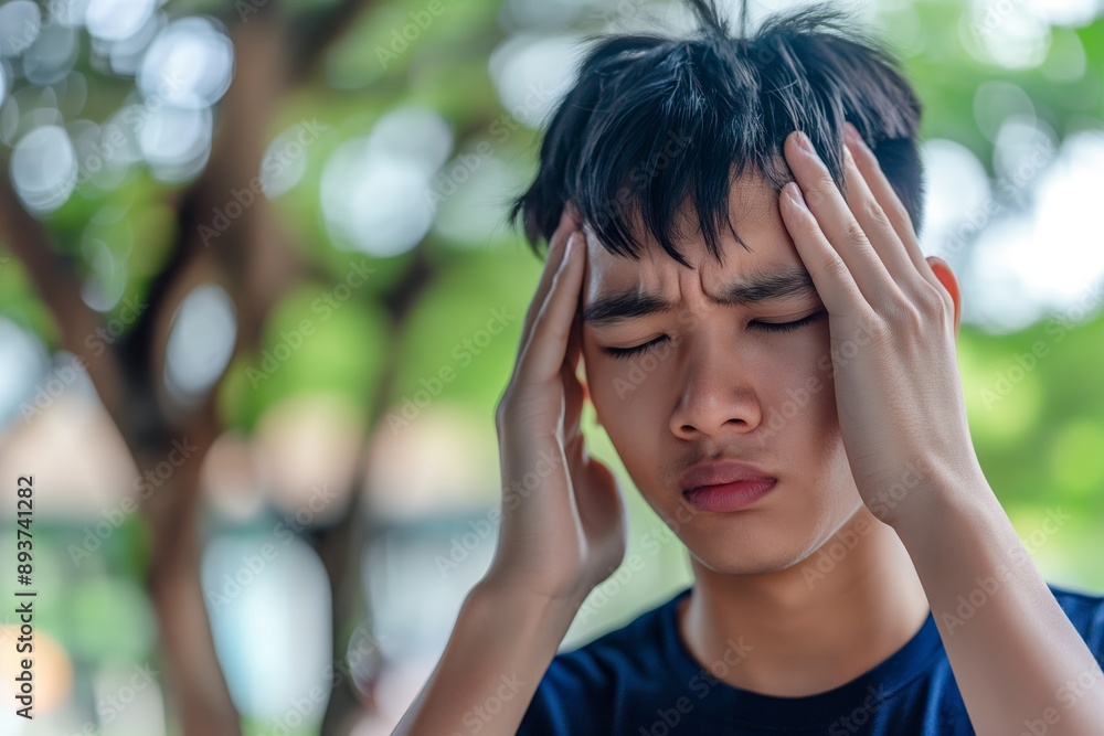 A young person holds their head in discomfort, potentially indicating pain or stress, outdoors with a blurred background. A young person holds their head in discomfort, potentially indicating pain or stress, outdoors with a blurred background.