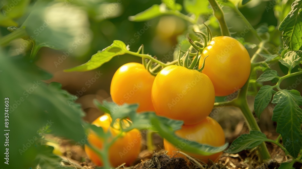 The ripe yellow tomatoes on vine The ripe yellow tomatoes on vine