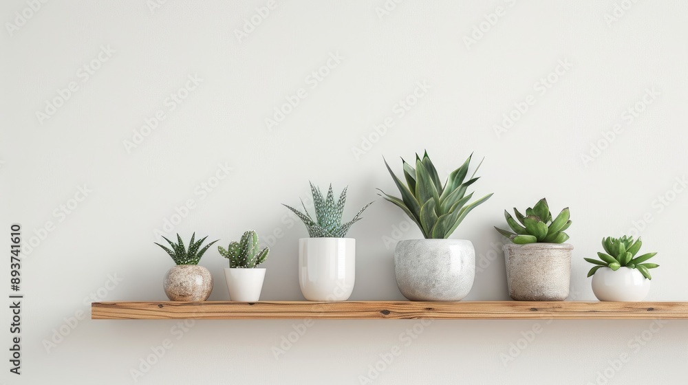 Nordic plant decor on wooden shelf against white walls. Modern botanical home design. Blank space for text.