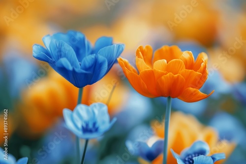 Blue and orange flowers standing tall among many blurred flowers in a colorful and vibrant blooming field of flowers. photo