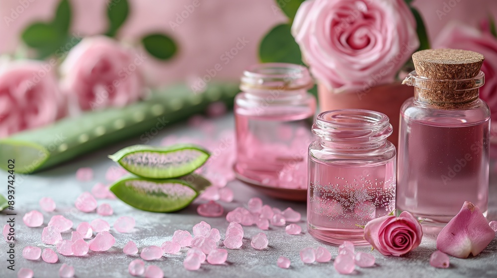 Aloe vera gel, rose water, vitamin E, face mask ingredients, still life, skin care Aloe vera gel, rose water, vitamin E, face mask ingredients, still life, skin care