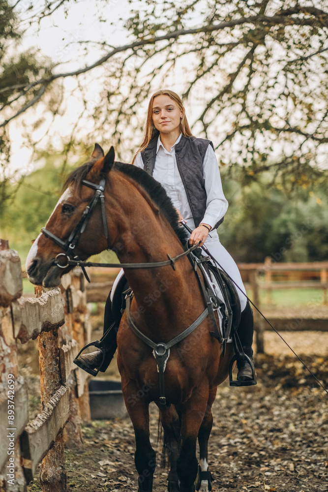 A young female jockey is sitting on her horse in show jumping training. Preparing for the competition. A young female jockey is sitting on her horse in show jumping training. Preparing for the competition.