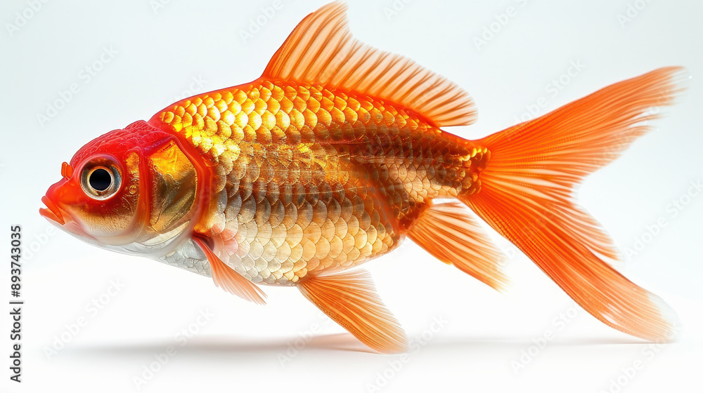 Close-up of a vibrant goldfish with striking orange fins and detailed scales, set against a white background Close-up of a vibrant goldfish with striking orange fins and detailed scales, set against a white background