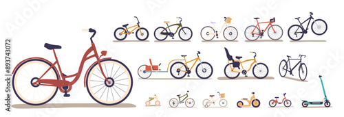 Bicycles And Scooters In Different Styles And Designs Include Two-person Bikes, Children Bikes, And Electric Scooters