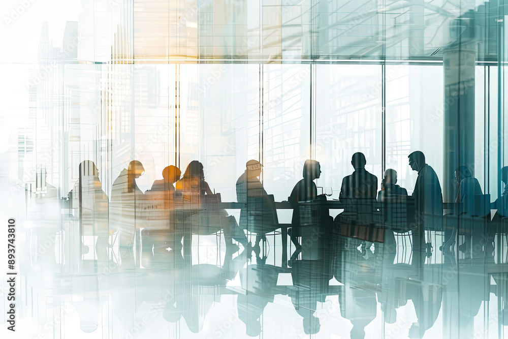 Naklejka premium A group of business professionals gathered in a boardroom with glass walls, depicted in the style of double exposure photography against a white background.