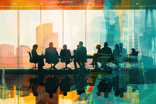 Business professionals in an office meeting room, captured through the glass window with a double exposure effect.
