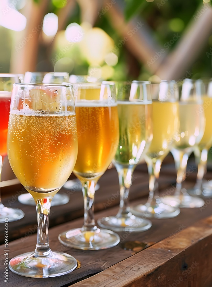 Close up of a Row of Golden Glasses with Alcoholic Beverages Close up of a Row of Golden Glasses with Alcoholic Beverages