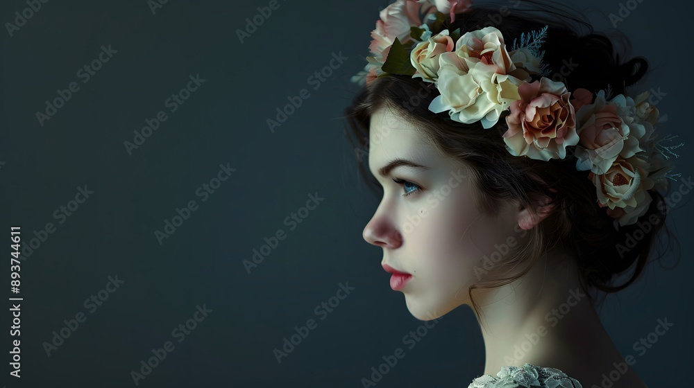 Naklejka premium Woman with Floral Headpiece: A woman wearing a delicate floral headpiece, looking pensively to the side. 