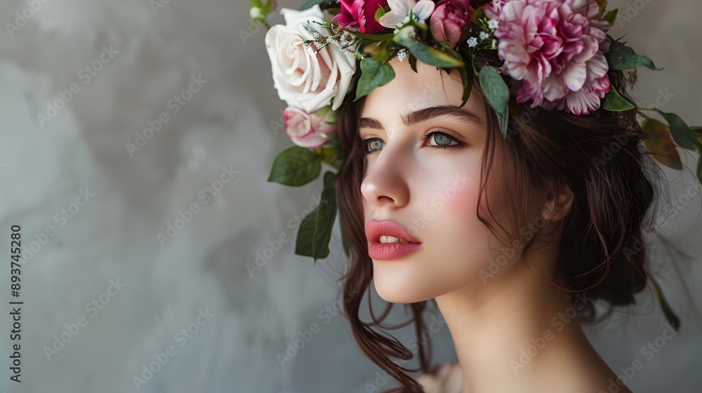Naklejka premium Woman with Floral Headpiece: A woman wearing a delicate floral headpiece, looking pensively to the side. 