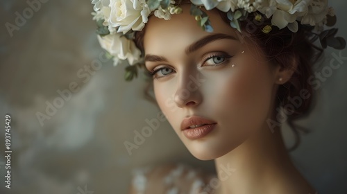Woman with Floral Headpiece: A woman wearing a delicate floral headpiece, looking pensively to the side.   © sarana