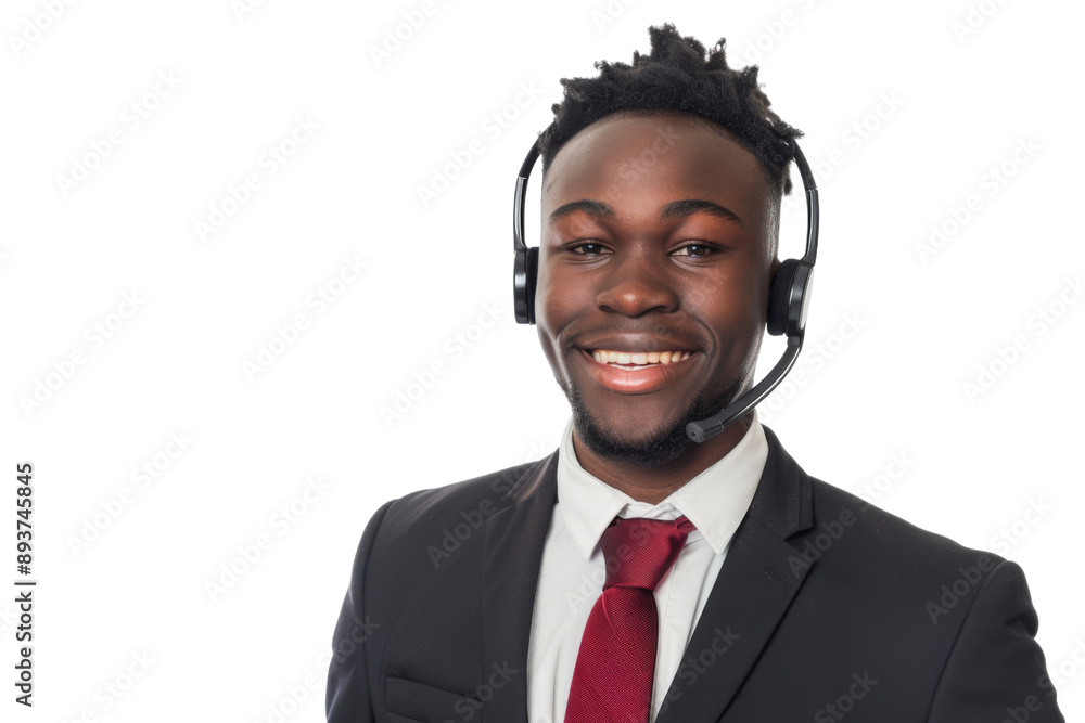 Young male call center representative in formal attire with headset, smiling, isolated on white background Young male call center representative in formal attire with headset, smiling, isolated on white background