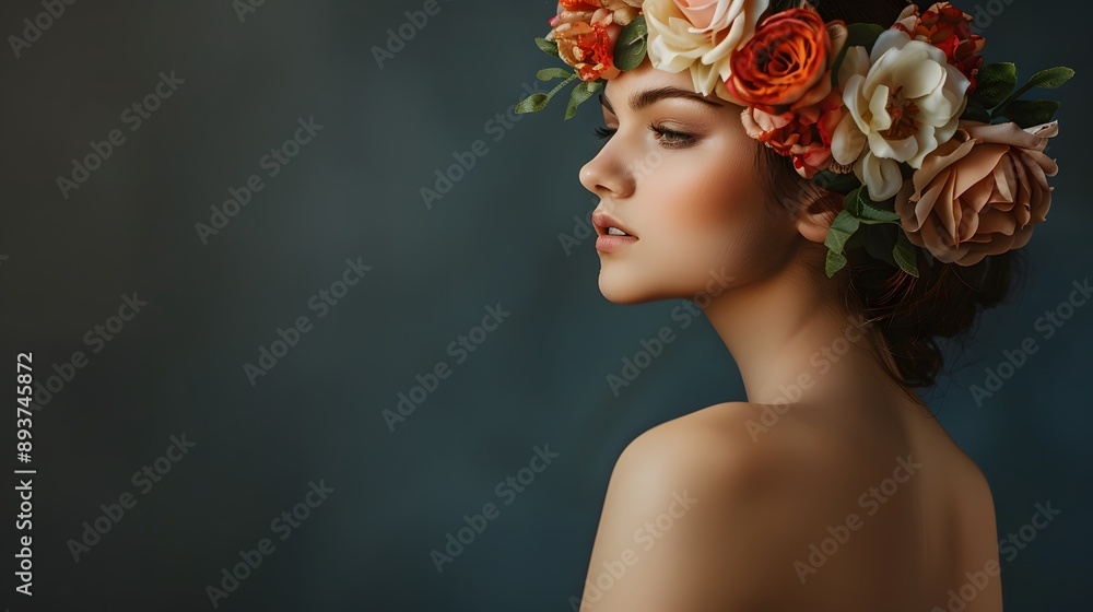 Naklejka premium Woman with Floral Headpiece: A woman wearing a delicate floral headpiece, looking pensively to the side. 