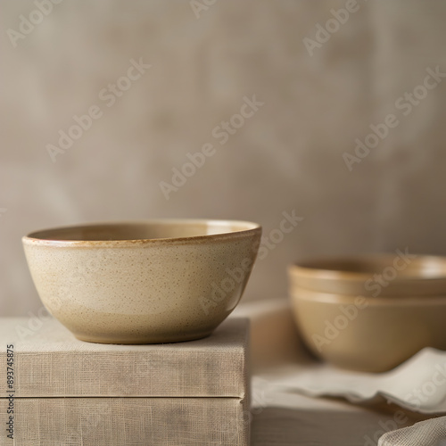 A bowl sits on top of a box, with another bowl and a third bowl in the background. The bowl on top of the box is the only one that is visible, and it is a large, white bowl with a brown rim