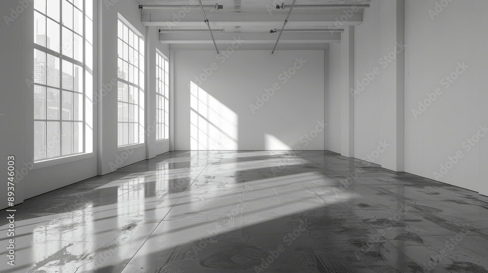 © addymawy - A Glimpse of Sunlight Illuminating a Spacious Empty Room with Large Windows and Concrete Floor
