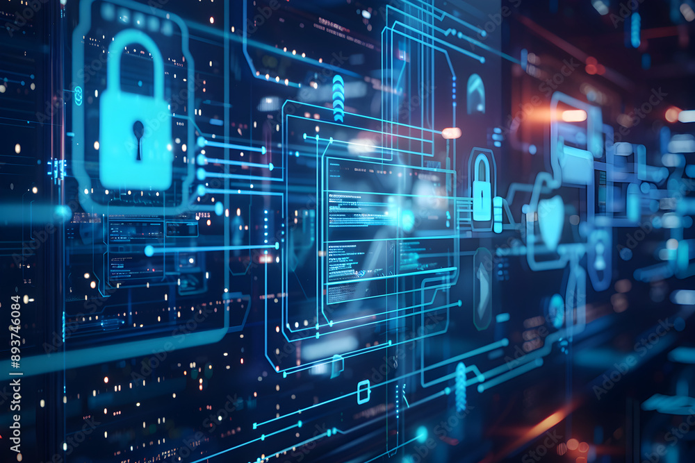 A blue screen with a lock symbol and other symbols. The lock symbol is surrounded by a network of lines and dots. Concept of security and protection A blue screen with a lock symbol and other symbols. The lock symbol is surrounded by a network of lines and dots. Concept of security and protection
