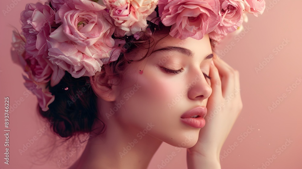 Woman with Floral Headpiece: A woman wearing a delicate floral headpiece, looking pensively to the side.
Woman with Floral Headpiece: A woman wearing a delicate floral headpiece, looking pensively to the side.