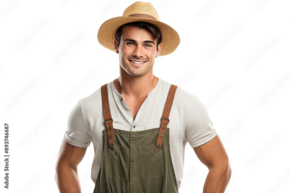 Young farmer in overalls and hat smiling confidently Isolated on white background Young farmer in overalls and hat smiling confidently Isolated on white background