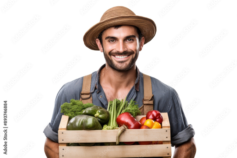 Young farmer with a basket of apples standing joyfully Isolated on white background Young farmer with a basket of apples standing joyfully Isolated on white background