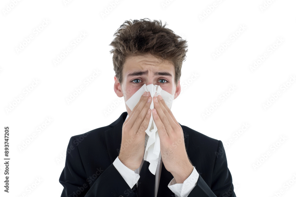 Young businessman with runny nose using tissue isolated on white background Young businessman with runny nose using tissue isolated on white background