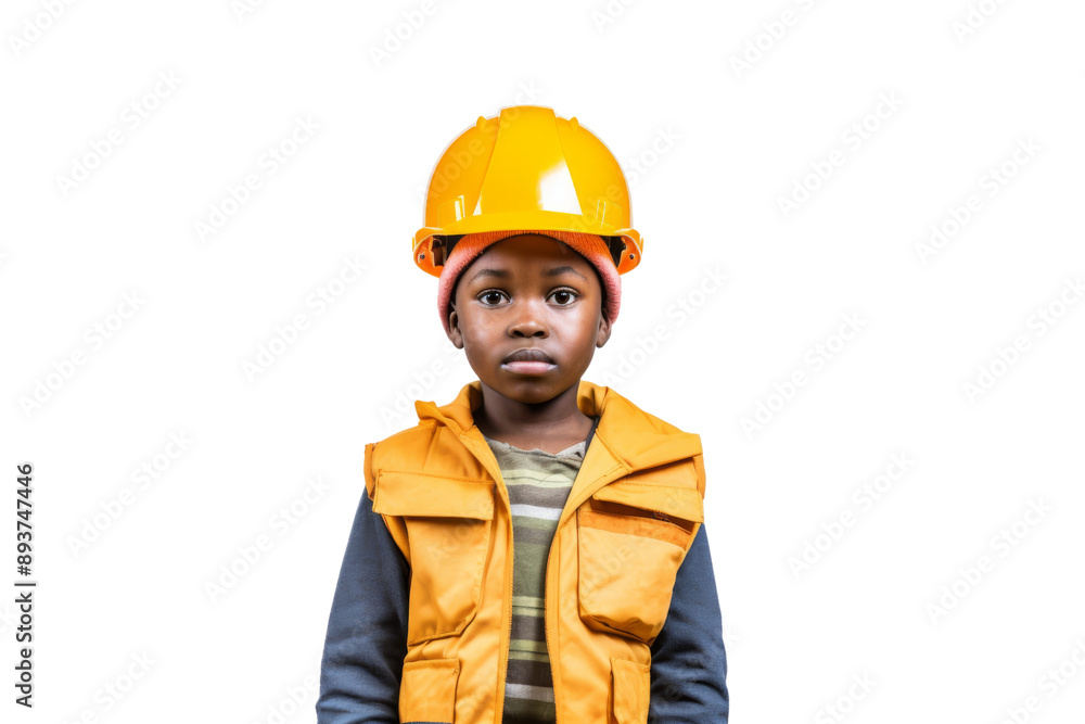 Young African child wearing a safety helmet standing in a warehouse awaiting delivery Isolated on white background Young African child wearing a safety helmet standing in a warehouse awaiting delivery Isolated on white background