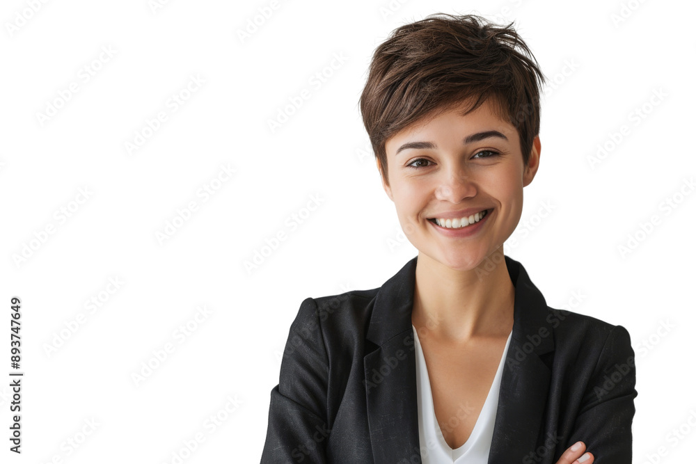 Woman supervisor with short hair smiling confidently Isolated on white background Woman supervisor with short hair smiling confidently Isolated on white background