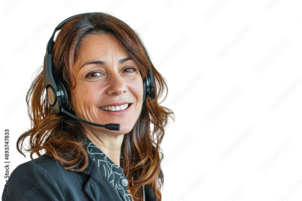 Woman supervisor with headset smiling warmly Isolated on white background Woman supervisor with headset smiling warmly Isolated on white background