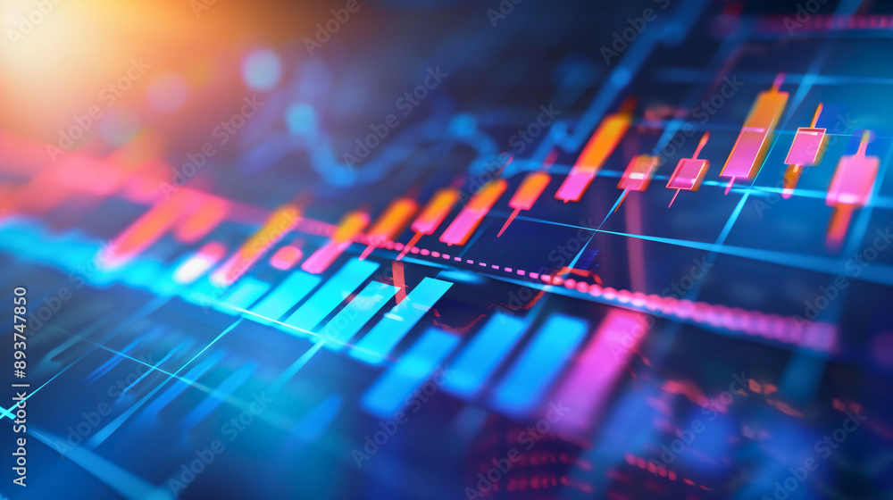 Closeup futuristic digital financial trends or bar charts or diagram analysis growth process graph data, currency profits increases, stock market money investing, business economy and technology Closeup futuristic digital financial trends or bar charts or diagram analysis growth process graph data, currency profits increases, stock market money investing, business economy and technology