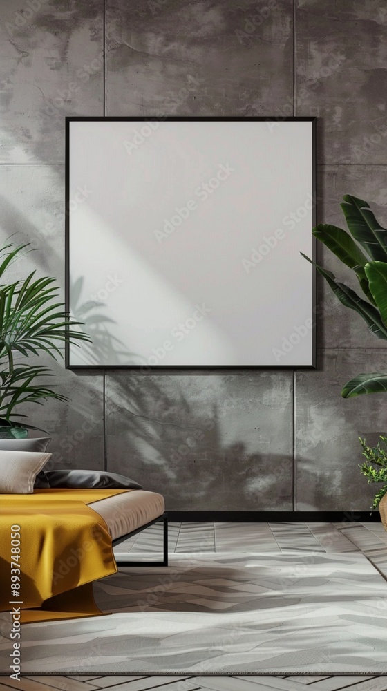 Minimalist interior with large blank canvas, concrete walls, and lush plants creating a striking contrast of textures and colors in a modern space. Minimalist interior with large blank canvas, concrete walls, and lush plants creating a striking contrast of textures and colors in a modern space.