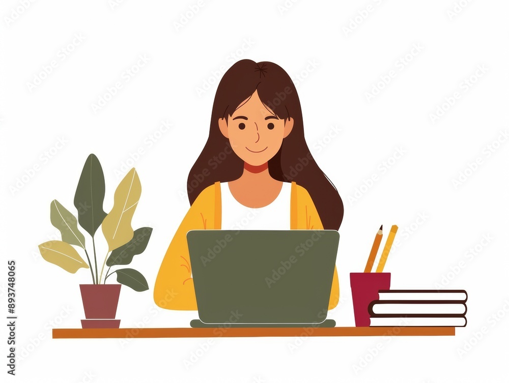 Happy woman studying, working at laptop computer. Business person, female professional, student at PC. Digital education, freelance concept. Flat vector illustration isolated on white background Happy woman studying, working at laptop computer. Business person, female professional, student at PC. Digital education, freelance concept. Flat vector illustration isolated on white background