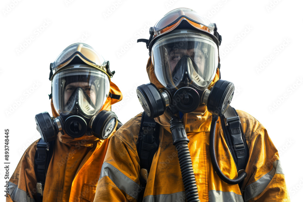 Unrecognizable firefighter team in protective uniforms isolated on white background Unrecognizable firefighter team in protective uniforms isolated on white background