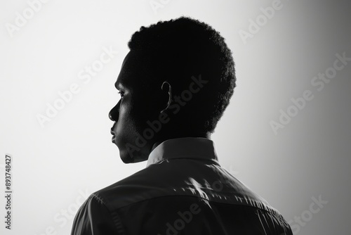 a black man in profile, seen from behind wearing a business shirt on a white background, backlit in the style of a black and white photography Generative AI