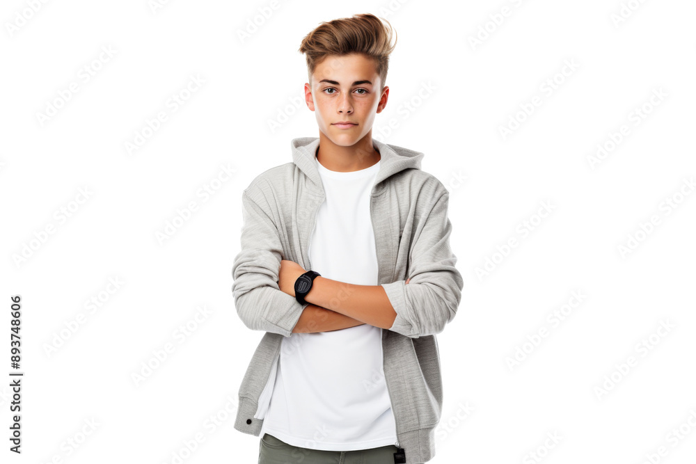 Trendy teenager in casual attire posing confidently Isolated on white background Trendy teenager in casual attire posing confidently Isolated on white background