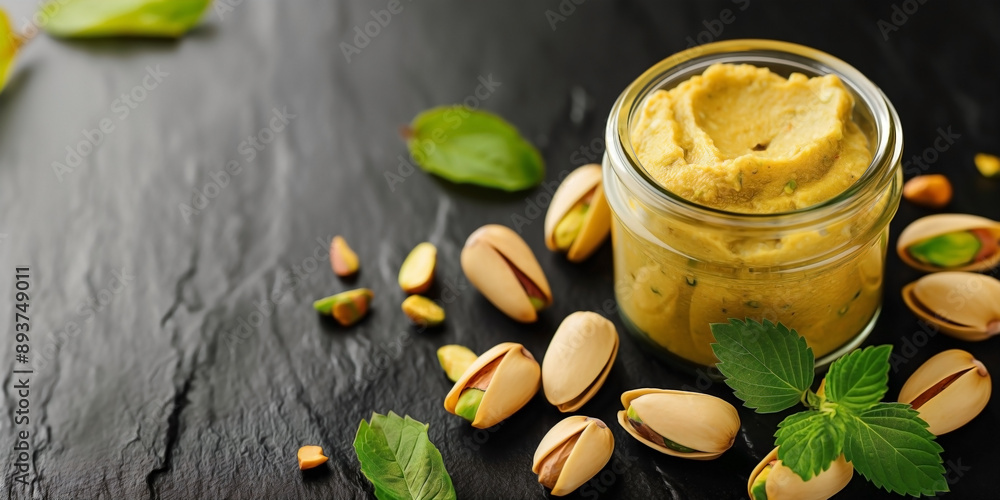 a jar of creamy pistachio nuts butter placed on a richly textured surface, surrounded by an assortment of pistachio nuts a jar of creamy pistachio nuts butter placed on a richly textured surface, surrounded by an assortment of pistachio nuts
