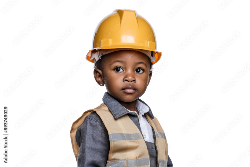Tiny African child in a hard hat standing in a warehouse looking expectantly Isolated on white background Tiny African child in a hard hat standing in a warehouse looking expectantly Isolated on white background
