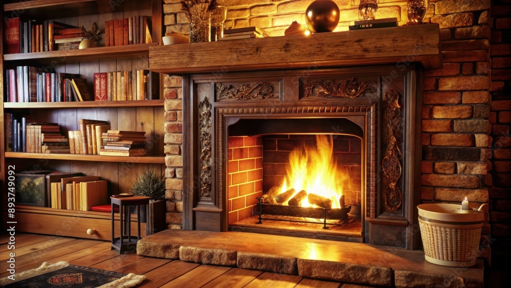A book in front of a cozy fireplace. Warm. Autumn evening A book in front of a cozy fireplace. Warm. Autumn evening