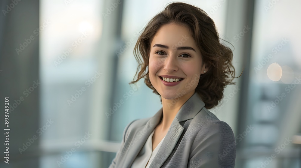 Woman in Business Attire: A confident woman in professional business attire, smiling against a modern office backdrop.
Woman in Business Attire: A confident woman in professional business attire, smiling against a modern office backdrop.