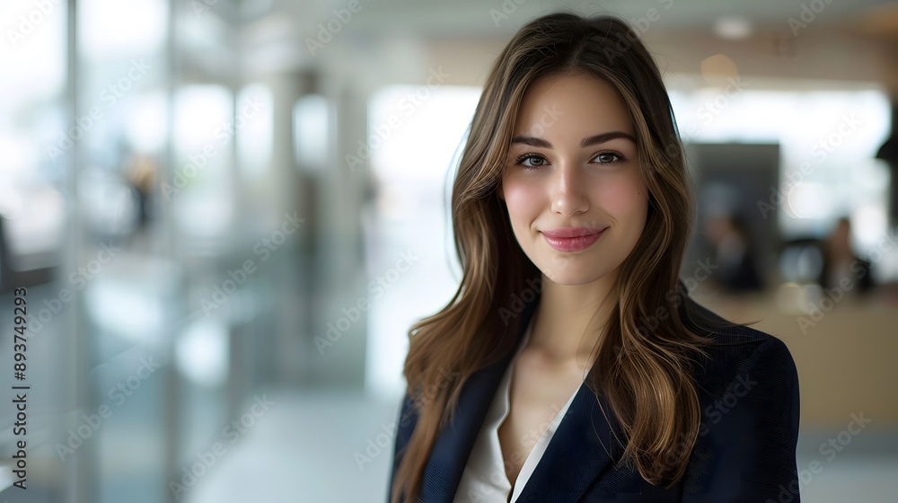 Woman in Business Attire: A confident woman in professional business attire, smiling against a modern office backdrop.
Woman in Business Attire: A confident woman in professional business attire, smiling against a modern office backdrop.