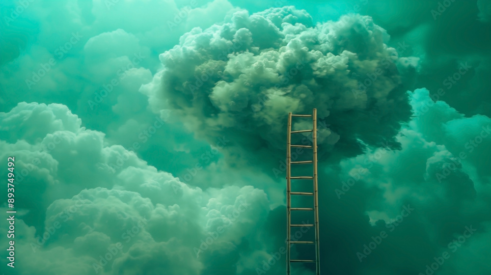 a regular bamboo ladder pushing through a fluffy cloud against a jade sky background a regular bamboo ladder pushing through a fluffy cloud against a jade sky background