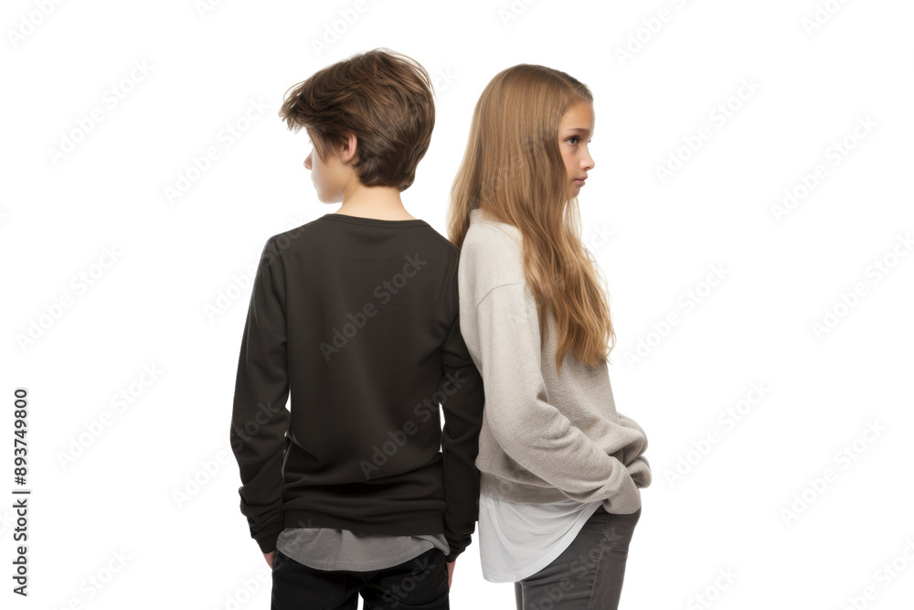 Thoughtful boy and girlfriend standing back to back Isolated on white background Thoughtful boy and girlfriend standing back to back Isolated on white background