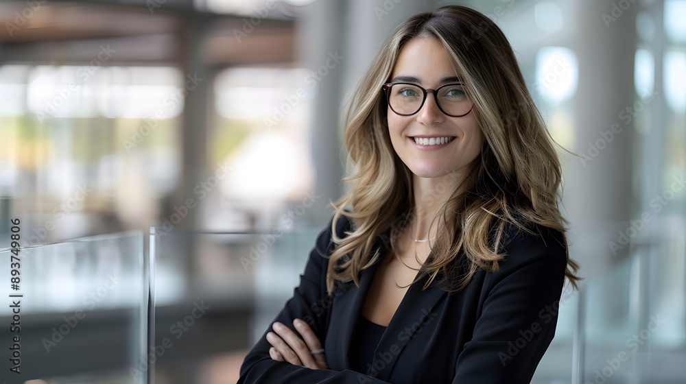 Woman in Business Attire: A confident woman in professional business attire, smiling against a modern office backdrop.
Woman in Business Attire: A confident woman in professional business attire, smiling against a modern office backdrop.