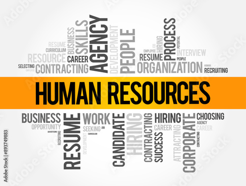 Human Resources - set of people who make up the workforce of an organization, business sector, industry, or economy, word cloud text concept background