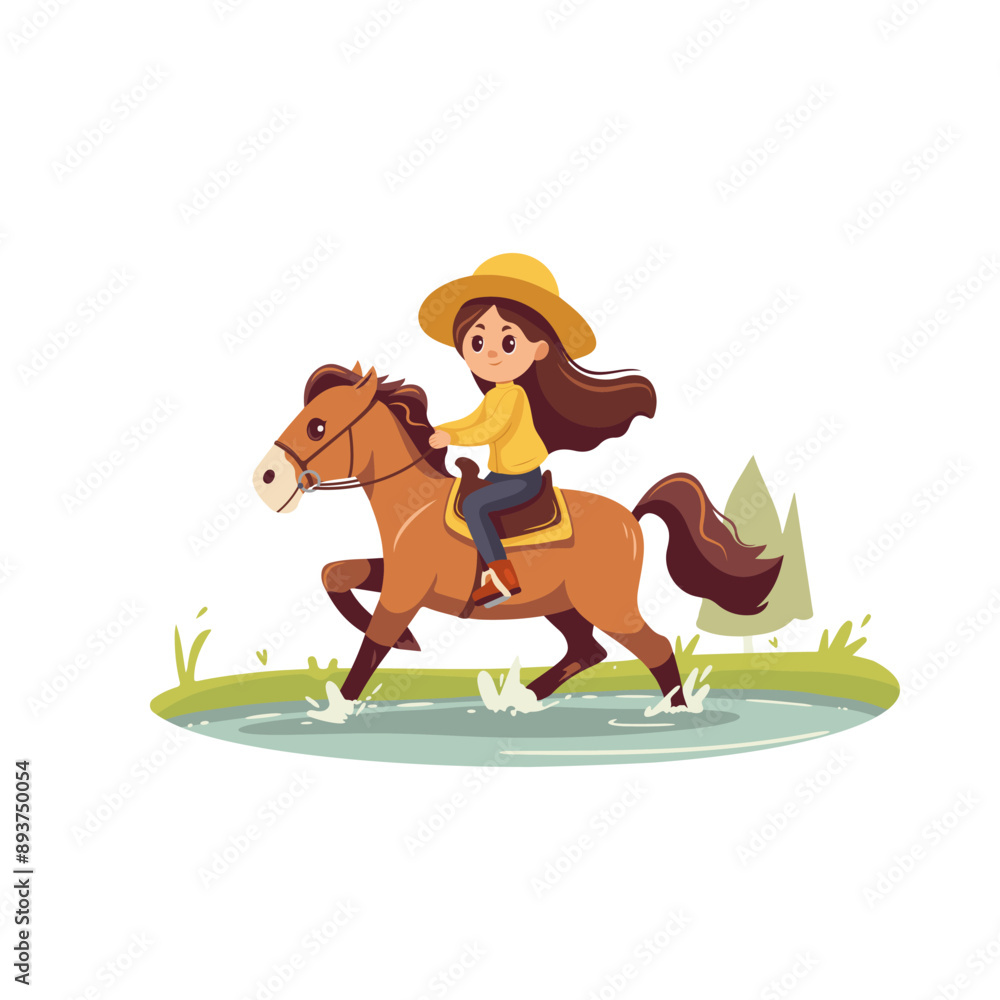 A young girl with long hair and a hat rides a brown horse through a shallow stream A young girl with long hair and a hat rides a brown horse through a shallow stream