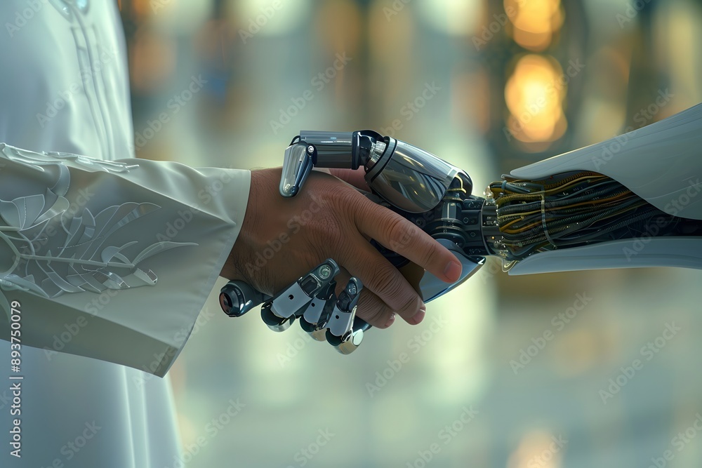 respectful handshake human and robot, engaged in a respectful handshake (beslamana) with a robotic hand. Technology implementation respectful handshake human and robot, engaged in a respectful handshake (beslamana) with a robotic hand. Technology implementation