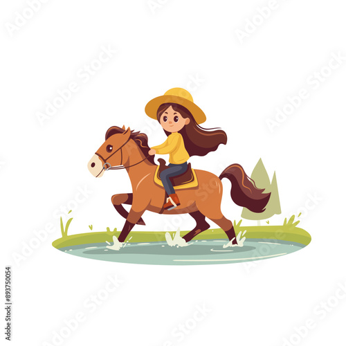 A young girl with long hair and a hat rides a brown horse through a shallow stream