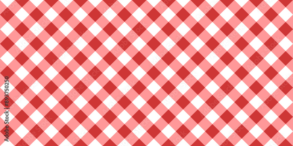 Red and white diagonal gingham or vichy pattern. Textile design. Traditional tablecloth, picnic plaid, basket napkin, towel or handkerchief print. Checkered background. Vector flat illustration. Red and white diagonal gingham or vichy pattern. Textile design. Traditional tablecloth, picnic plaid, basket napkin, towel or handkerchief print. Checkered background. Vector flat illustration.