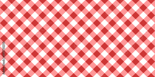Red and white diagonal gingham or vichy pattern. Textile design. Traditional tablecloth, picnic plaid, basket napkin, towel or handkerchief print. Checkered background. Vector flat illustration.