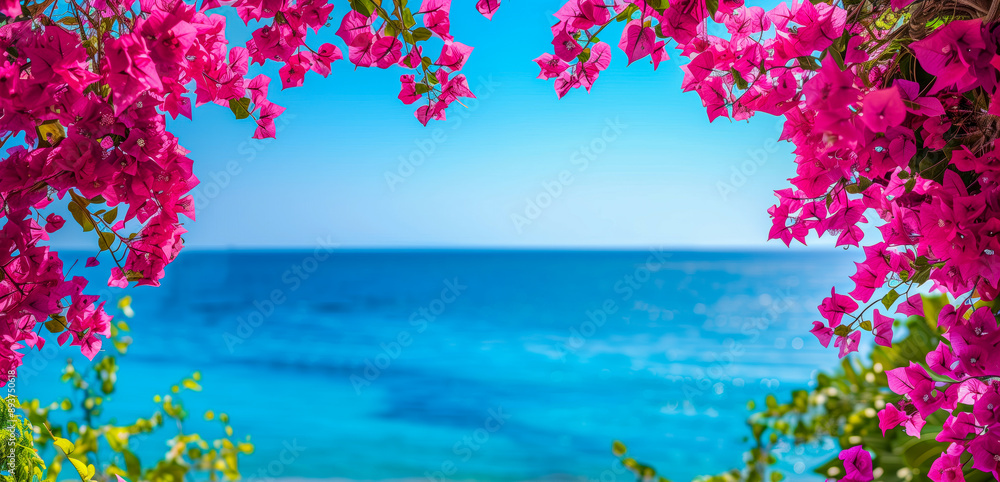 Bougainvillea flowers and panoramic ocean background with copy space Bougainvillea flowers and panoramic ocean background with copy space